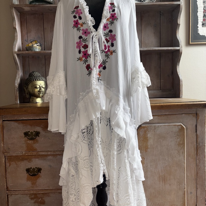 White boho duster with floral embroidery and lace